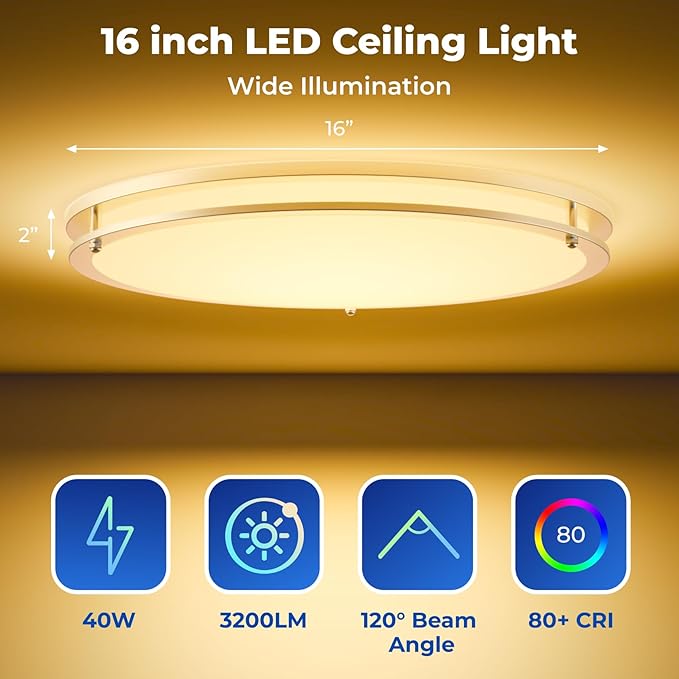 CINOTON 16 inch Smart Ceiling Light RGBCW, 40W LED Ceiling Light Fixture, 16 Million RGB & 2700K-6500K Adjustable for Bedroom Dining & Living Room Kitchen, Works with Alexa & Google Assistant, 1 Pack