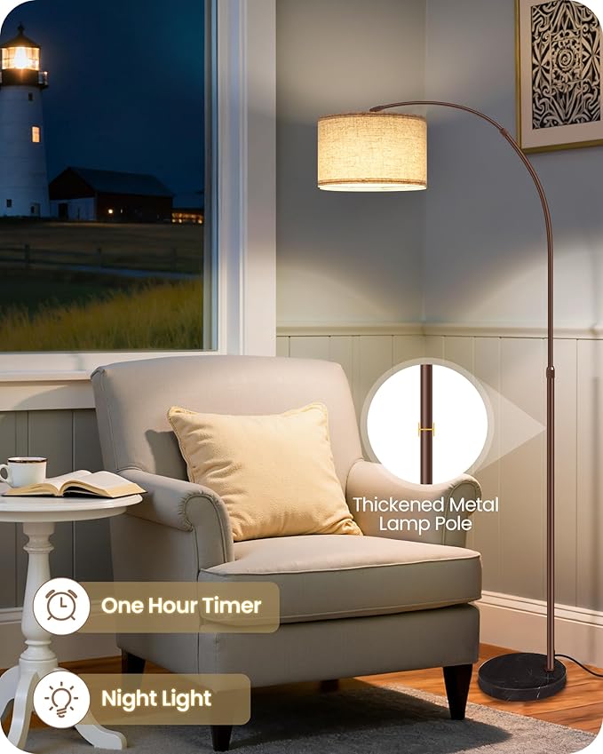 75" Arc Floor Lamp with Marble Base and Adjustable Height, Rotating Hanging Shade, Dimmable Floor Lamp for Living Room with Remote and Foot Switch, 3CCT, Over Couch Arched Light, Beige Brown VE15LD05