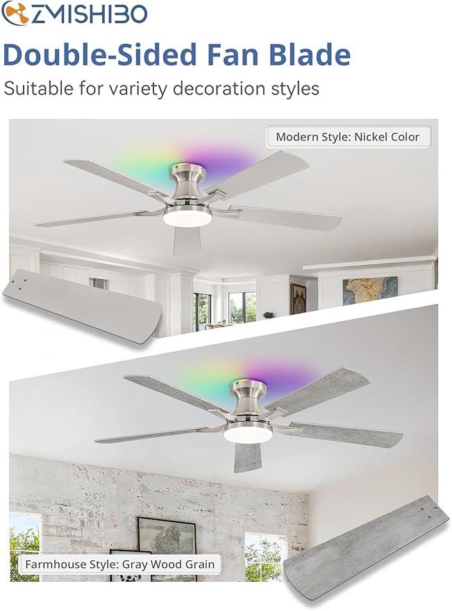 ZMISHIBO 52 Inch Ceiling Fan with RGB Lights, Low Profile Flush Mount with Alexa/App/Remote, Dimmable 20W LED Light, Nickel Modern for Living Room, Bedroom, Game Room