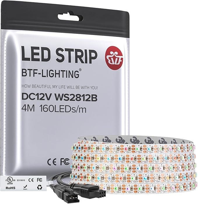 BTF-LIGHTING WS2812B IC RGB 5mm Ultra Narrow LED Strip 2020SMD DC12V Individually Addressable 13.1FT 160Pixels/m 640LED Dream Color Tape Light for Home DIY Decoration IP30 (No Adapter or Controller)