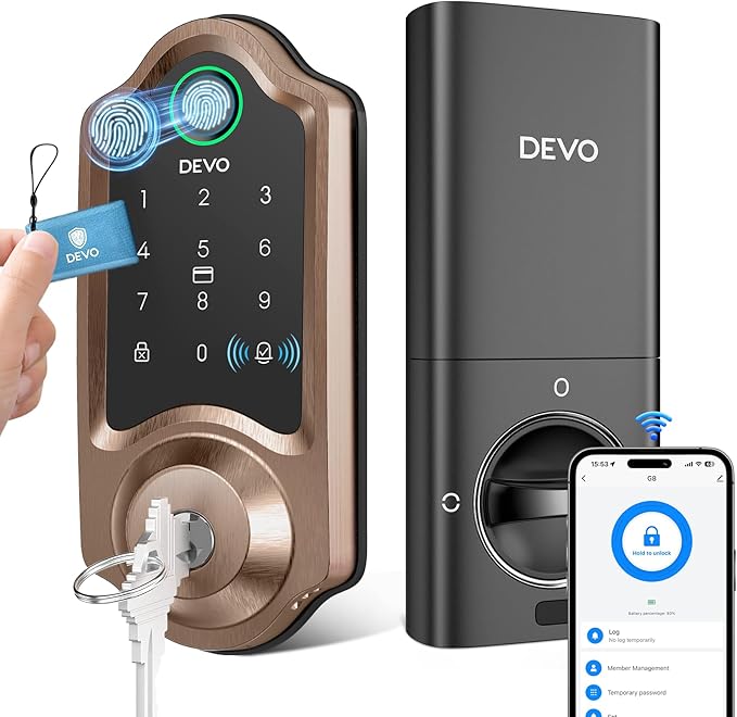 DEVO G8 Smart Lock with Doorbell - 6-in-1 Fingerprint Keyless Entry Deadbolt, Built-in Wi-Fi & APP Control, IP54 Waterproof Auto-Lock for Front Door Security, Easy Install (BHMA Certified)