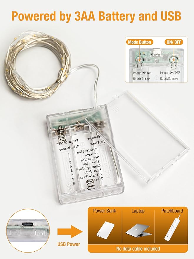 btfarm 2 Pack Fairy Lights Battery Operated with Timer, 16.4 FT 50 LED Silver Wire Twinkle String Lights 8 Modes Dimmable Waterproof for Indoor Christmas Bedroom Wedding Decorations, Cool White