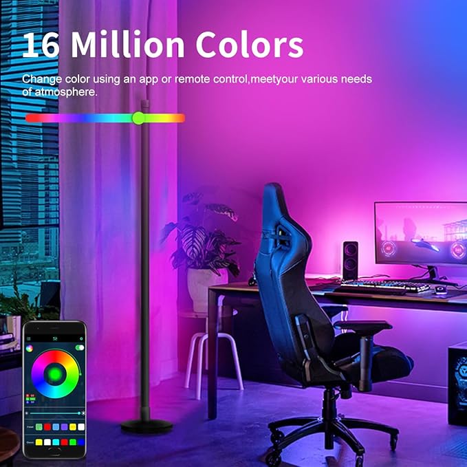 LED Floor Lamp, 63-Inch RGB Corner Light with Music Sync, Smart App Control, 16 Million Colors, Remote Control for Living Room, Bedroom, Gaming Room (1 Pack)