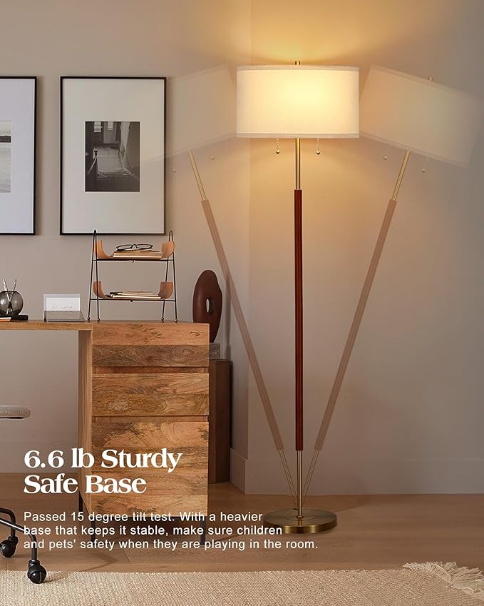 ELYONA 2-Light Wood Floor Lamp for Bedroom Mid Century Modern Standing Lamp 3 Color Temperatures 9W LED Bulbs Include White Fabric Shade Tall Pole Corner Light for Living Room Office, Brushed Brass