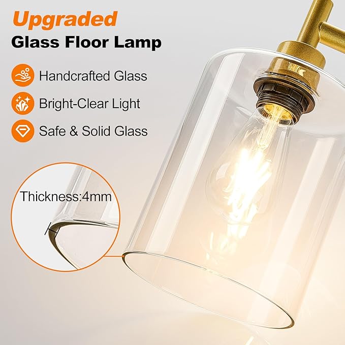 【Upgraded】Dimmable Gold Floor Lamp for Living Room with Clear Glass Lampshade, Glass Modern Floor Lamp with 900LM Edison Bulb Included, Standing Tall Lamp for Bedroom, Office, Reading Room, Corner
