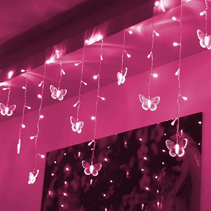 Decorman Butterfly Curtain Lights, 4.9ft 48 LED USB Window Fairy Lights 10 Butterflies 8 Modes Firefly Twinkle String Lights for Room Bedroom Wall Ceiling Party Wedding Christmas (Pink)