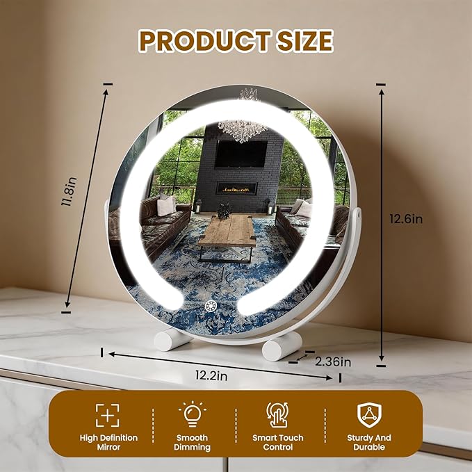 Vanity Mirror with Lights, 12" LED Makeup Mirror, HD Professional Mirror, Smart Touch with 3-Color Lighting, Dimmable, 360° Rotation, Lighted Up for Makeup Desk, Bedroom (White)