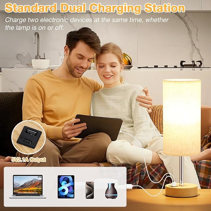 Dicoool Touch Bedside Table Lamp with USB - 3 Way Dimmable Wood Lamp for Bedroom Nightstand, Desk Lamp with Charging Station for Dorm, Living Room, Office, Kids Room, Small, 14in