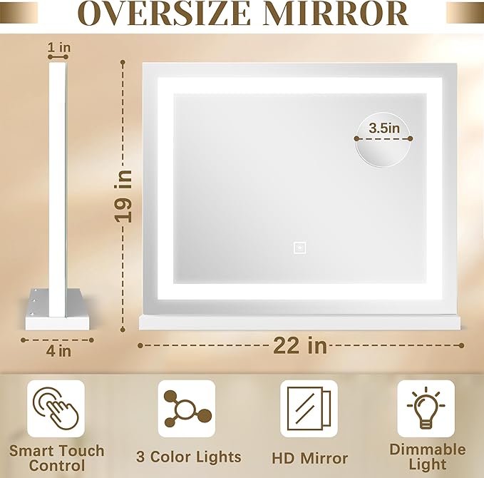 ROLOVE 22x19 Inch Lighted Vanity Mirror, Large LED Makeup Mirror with 3 Color Modes, Dimmable Touch Control, Wall Mount & Tabletop, with Detachable 10X Magnification Mirror, White