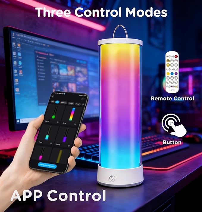 Cordless Table Lamp, RGB 16 Million Colors Rechargeable 1500LM Dimmable APP & Remote Control, Dynamic Sync, Timer & Scene Modes, Portable Ambient LED Light for Outdoor, Gaming Room, White