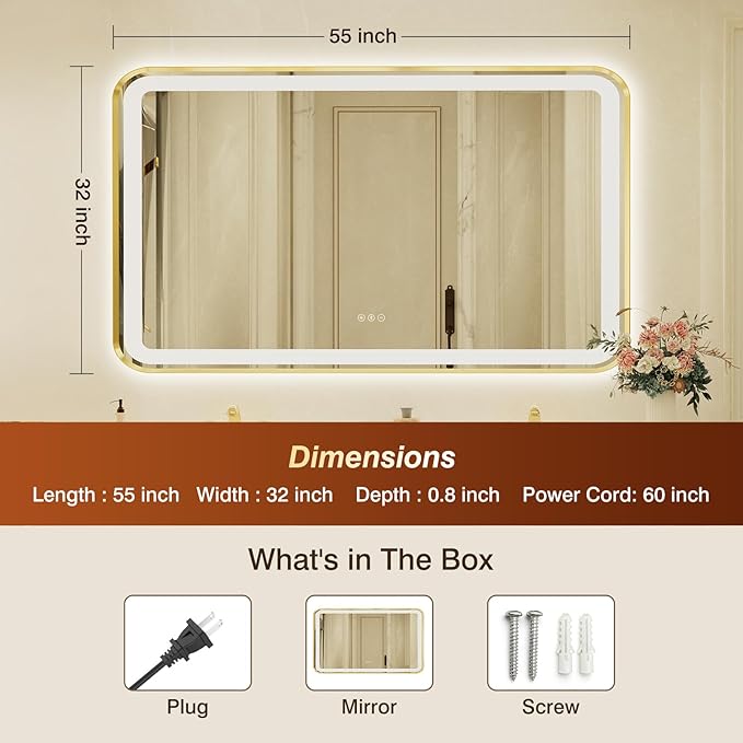 32x55 Inch Gold Framed LED Bathroom Mirror with Lights, Built-in Bluetooth Speaker,Tempered Glass,Dimmable Lighted Bathroom Vanity Mirror with 3 Colors, Backlit + Frontlit, Memory, Anti-Fog