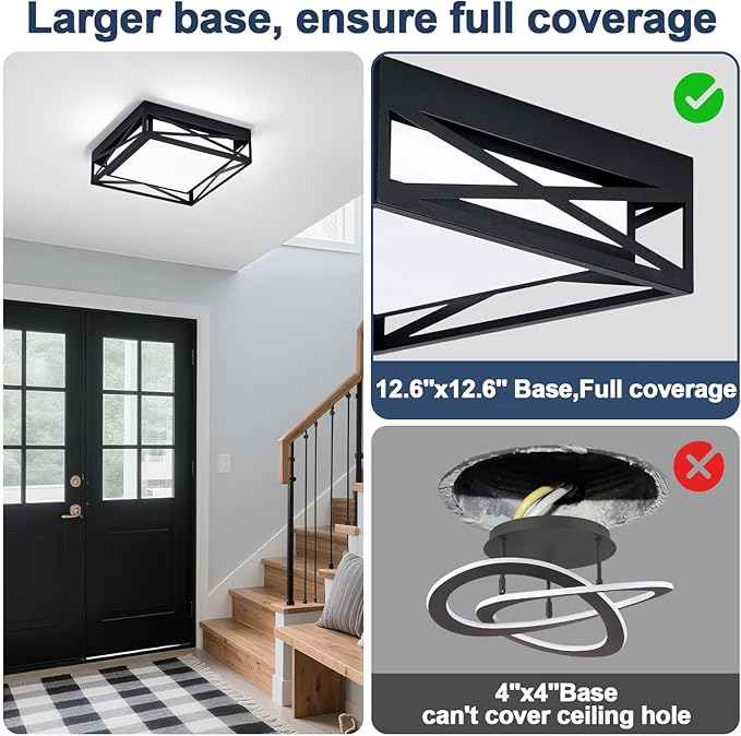 Modern LED Ceiling Light Fixture, 6000K Square LED Flush Mount Hallway Light Fixtures, Farmhouse Black Close to Ceiling Light for Hallway Bedroom Balcony Porch Stairway(Square, 12.6INCH)
