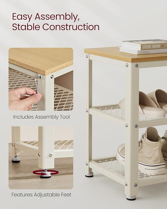 VASAGLE 3-Tier Shoe Rack, Shelf Storage Bench with Metal Mesh Shelves and Seat, Free Standing Shoe Organizer for Entryway, 11.8 x 28.7 x 17.7 Inches, Oak Beige and Classic White ULBS073W09