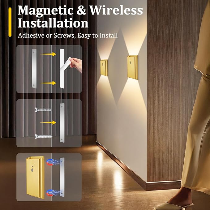 Battery Operated Wall Sconce Set of 2: 5000mAh Rechargeable Motion Sensor Night Light Indoor, 3CCT Dimmable Wireless Wall Lights Magnetic LED Up and Down Wall Lamp for Bedroom Closet Stair, Gold