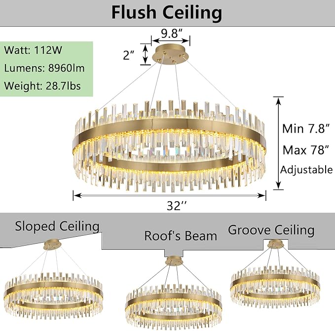 Glam Crystal Chandelier Interior Ring Chandeliers with Remote Dimmable LED Light Adjustable Hanging Lights Luxury Ceiling Pendant Lighting Fixtures for Living Dining Bedroom Foyer Gold Light