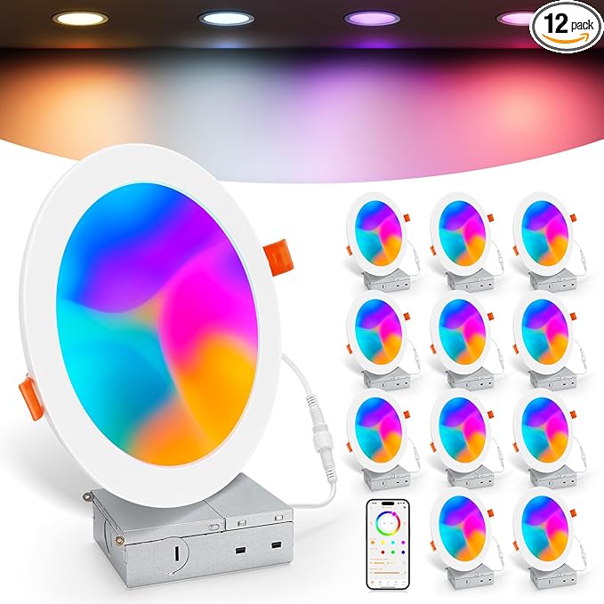 Smart Recessed Lighting 6 Inch, RGBCW Color Changing Canless Recessed Ceiling Lights, Dimmable Retrofit Downlight Compatible with Alexa, Siri, Google Voice & App Control with Junction Box, 12Pack