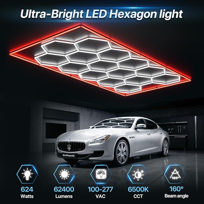 HYPERLITE Gen 2 Hexagon Garage Lights: 15 Grids with Border DIY Hexagon Led Lights, 6500K Ultra Bright, Easy Install Hex Light, Durable Design for Garage, Car Detailing, Workshops, Gym(Red)