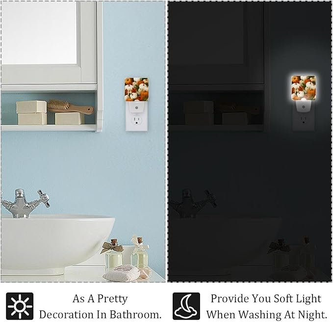 Thanksgiving Pumpkins a (2) Plug in Led Night Light with Auto Dusk to Dawn Sensor,Brightness Cool White Lights for Hallway,Kids Room, Kitchen, 2 Pack