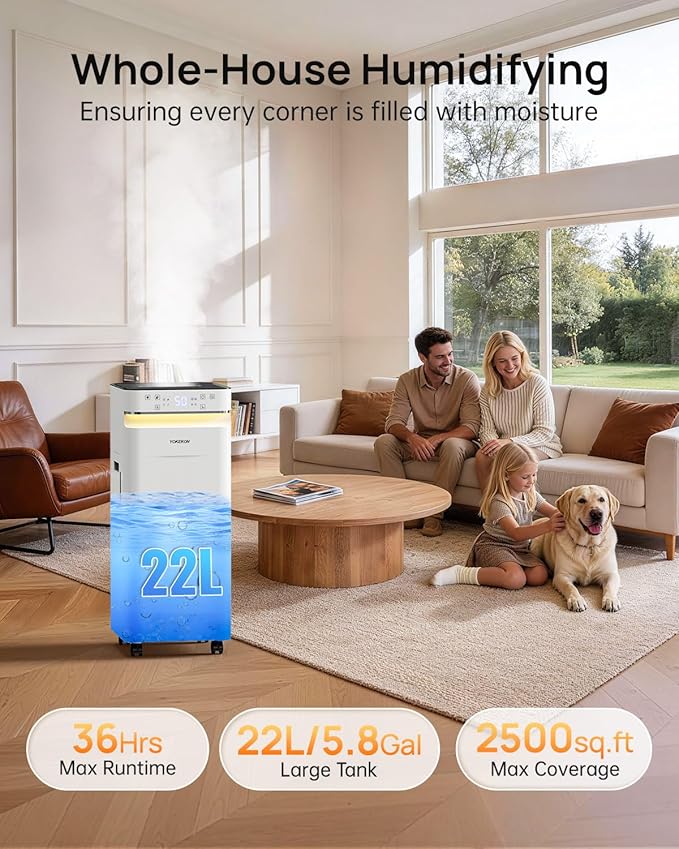 YOKEKON Humidifier Large Room 22L/5.8gal, 2500sq.ft Whole House Humidifiers for Home, Large Humidifier for Bedroom, Cool Mist Humidifiers for Bedroom Living Room Plants Office Commercial Area, White