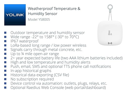 YoLink Smart Outdoor Temperature & Humidity Sensor, Hygrometer, Thermometer, 1000' Long Range, 2+ Years Battery Life, App Alerts, Text/SMS, Email Alerts, Alexa, IFTTT Integration. Hub Included!