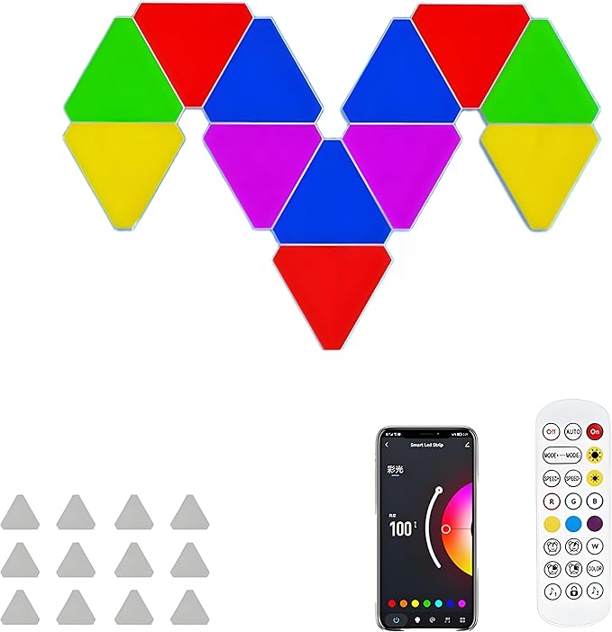 LED Triangle Wall Lights 12-Pack, WiFi App/Voice Control with Music Sync, 16M Colors RGB Gaming Room Decor for Bedroom, Party, Streaming Background