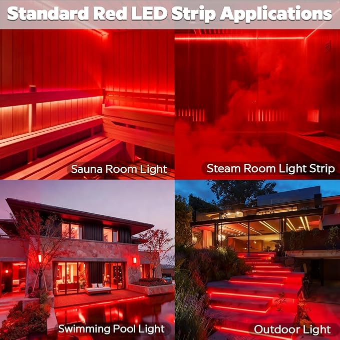 DC24V 630nm Red LED Strip for Sauna Lighting, Flexible Cuttable Dimmable Long 5m 16.4ft 600 LEDs Heat-Resistant IP68 Waterproof Chromotherapy Sauna Light Tape (Ordinary Red)