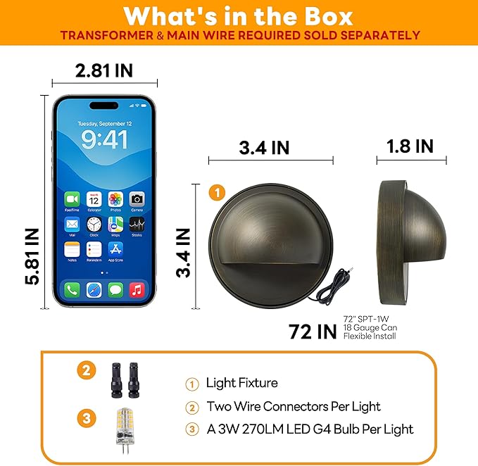 Gardenreet Low Voltage Deck Lights - Solid Brass Landscape Step Lights LED, 12V Hardwired IP65 Waterproof, Bronze Round for Stair Wall Yard with 3000K Soft White 3W 270LM G4 Bulb 12 Pack