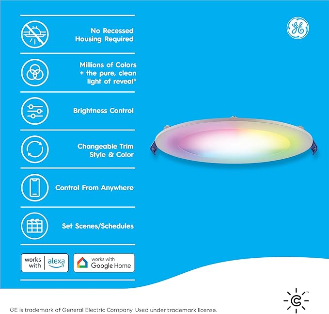 GE Cync Reveal HD+ Smart LED Wafer Downlight, Color Changing LED Light, Works with Alexa and Google Home, Matter Compatible, No Recessed Lighting Housing Required, Ceiling Lights, 6 Inch (3 Pack)
