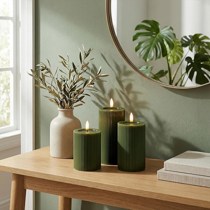 WYZworks Fluted Ribbed LED Pillar Candles, Loden Green, with Realistic Reflective Melted-Wax Effect – Flickering Flame, Remote, Dimmable, Flameless, Battery Operated, Home & Wedding Decor (Set of 3)