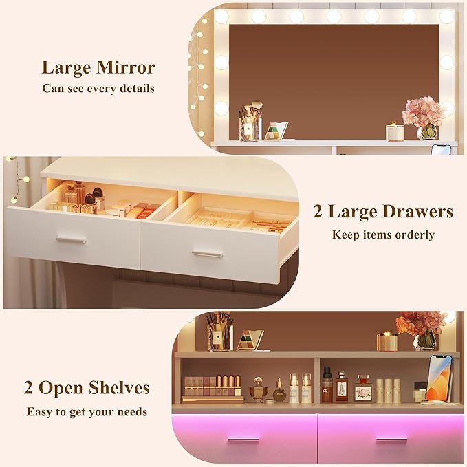 Small Vanity Desk with Mirror and Lights, White Makeup Vanity with Chair, RGB Vanity Table Set with 2 Drawers & Power Outlets & LED Strip, 3 Color Modes & Adjustable Brightness for Women Girls Bedroom