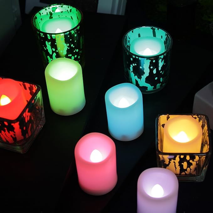 CANDLE CHOICE Color Changing Battery Operated Flameless Votive Candles with Remote Timer Realistic Flickering Fake Electric Multicolor LED Lights for Wedding Christmas Decorations Battery Incl. 6 Pack