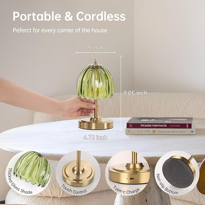 Set of 2 Tulip Table Lamp with 5200mAh Battery & Touch Control, Cordless Small Table Lamp with 3 Colors, Rechargeable Battery Operated Table Lamps for Nightstand, Bedroom (Green Tulip)