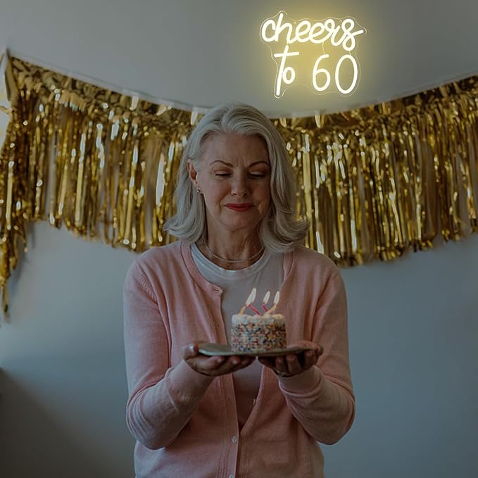 Cheers to 60 Neon Sign - 60th Birthday LED Neon Lights - Warm White - Happy Birthday Signs for Wall Decor - 60 Years LED Signs for Wall, Bedroom, Bar, Wedding, Party Decor