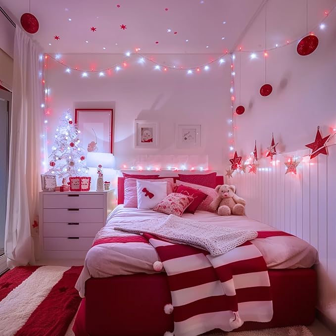 JMEXSUSS 132ft Red and White Christmas Lights Outdoor with Remote, 400 LED String Lights Indoor Plug in with Remote, 8 Modes Christmas Tree Light for Bedroom Tree Party Holiday Xmas Decorations