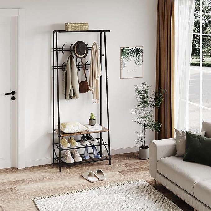 Entryway Hall Tree with Shoe Rack, Hall Tree Coat Rack with Hooks, 25” Freestanding Metal Coat Rack with Shoe Storage, Compact Entryway Organizer for Hallway and Bathroom