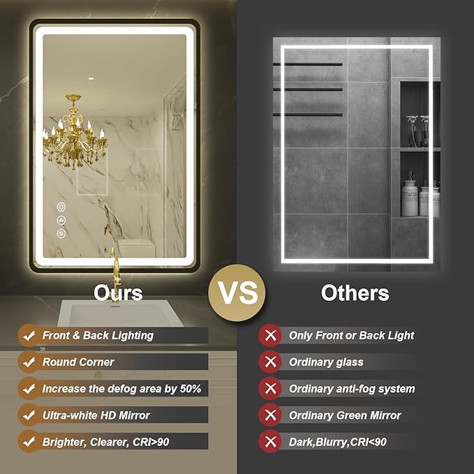 24"x36" Black Framed LED Bathroom Mirror, Lighted Wall Mounted Bathroom Mirror with Built-in Bluetooth Speaker Control, 3 Colors Temperature & Dimmable, Anti-Fog Vanity Mirror for Bathroom