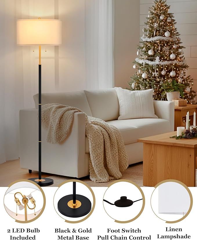 ELYONA 2-Light Floor Lamp Modern Reading Standing Light 3 Color Temperatures LED Bulbs Include White Fabric Shade Vintage Tall Pole Corner Lamp for Bedroom Living Room Office, Black & Brushed Gold