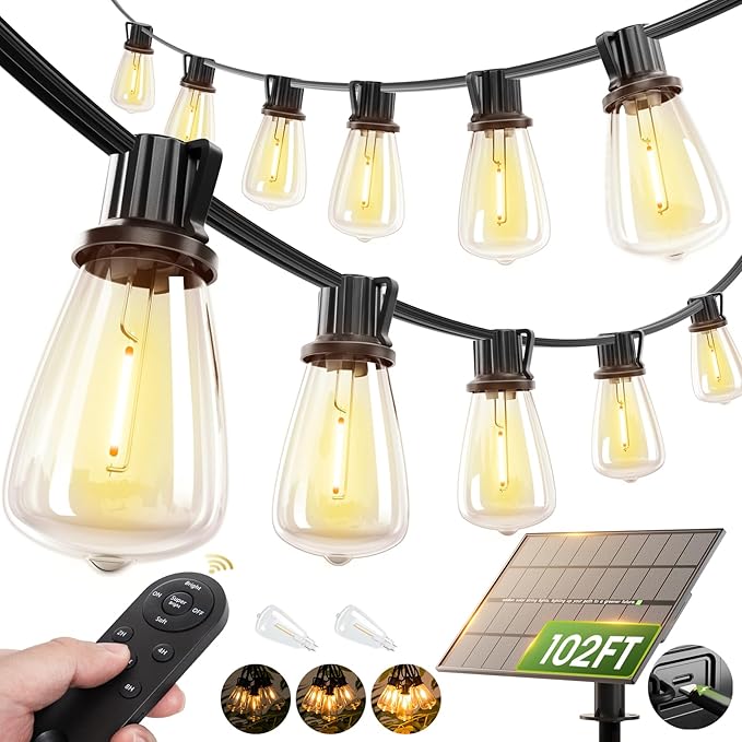 addlon 102FT(96+6) Solar String Lights Outdoor Waterproof with Remote, 30+2 LED Shatterproof Bulbs, Dimmable & Timable, Solar Lights Outdoor, Patio Lights for Garden, Backyard, Party, Camping Decor