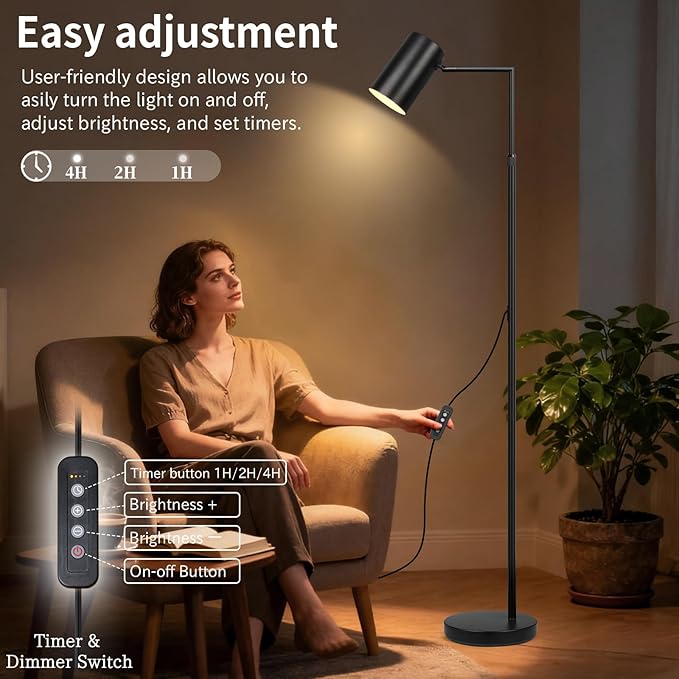 Arc Black Floor Lamp for Living Room with Timer, Stepless Dimmable&Height Adjustable Modern Reading Standing Lamps for Living Room,Reading Room,Office,LED Bulb Included (Black-DM)