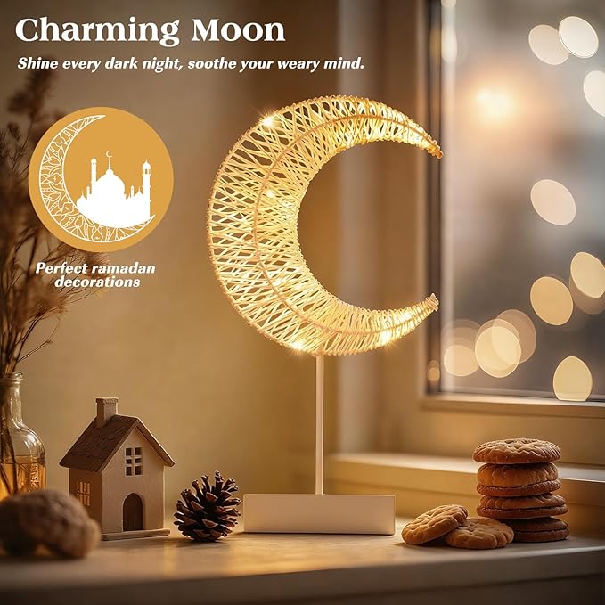 Lewondr Ramadan Decorations Moon Table Lamp, Moon Shape Rattan Ramadan Desk Lamp Battery Powered Light, Winding Thread LED Crescent Light for Home Bedroom Bedside Desktop Eid Mubarak Decorations