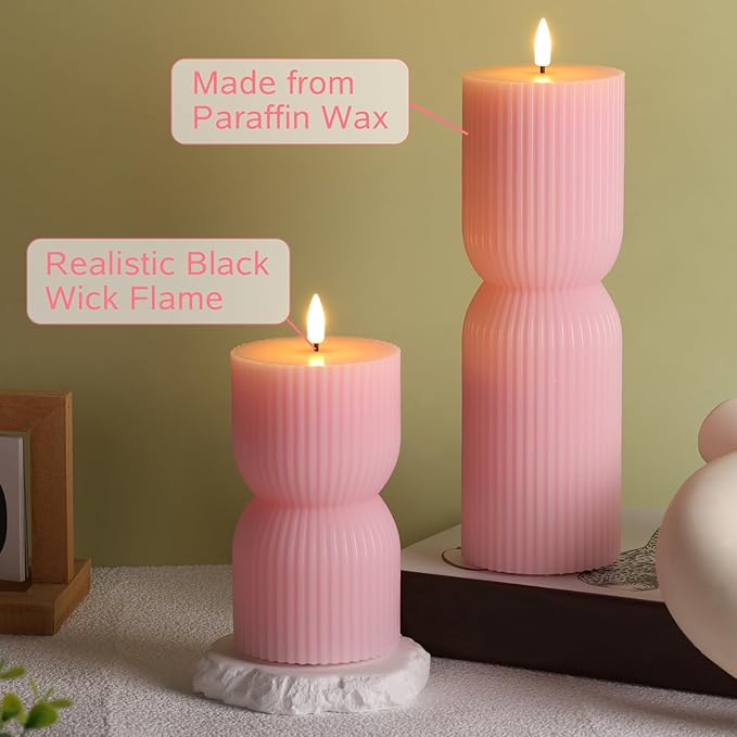 Pink Ribbed Flameless Pillar Candles with Remote, Flickering LED Candles Battery Operated Real Wax Set of 2