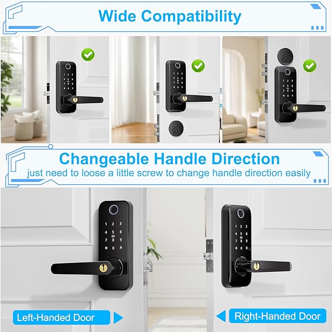Keyless Entry Fingerprint Smart Door Lock with Handle,Digital Electronic Lock with Touchscreen Keypad,Electric Door Knob for Exterior Interior Entry/Bedroom Front Doors,Built-in WiFi