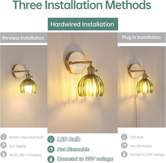 Vintage Wall Sconces with Green Tulip Glass Lampshade 180 Degree Adjustable Brass Sconces Hradwired Modern Wall Lighting Fixture with Switch for Bedside Bedroom Doorway