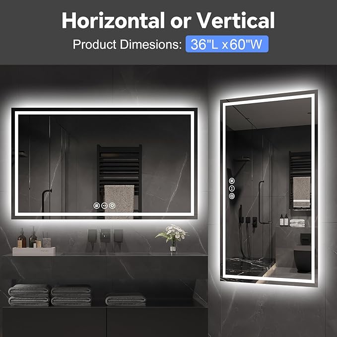LED Bathroom Mirror 36x60 Inch Anti-Fog Bathroom Mirror with Lights, Wall Mounted Lighted Vanity Mirrors, Dimmable, Backlit + Front Lit, Smart Bathroom Vanity Mirror with 3 Colors Temperature