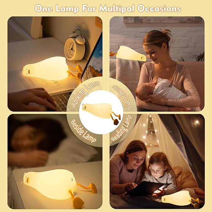 Lying Flat Duck Night Light, Cute Silicone Light Up Duck, 3 Level Dimmable Nursery Nightlight, LED Duck Lamp, Rechargeable Bedside Touch Lamp for Breastfeeding Toddler Baby Kids Decor
