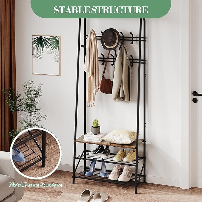 Entryway Hall Tree with Shoe Rack, Hall Tree Coat Rack with Hooks, 25” Freestanding Metal Coat Rack with Shoe Storage, Compact Entryway Organizer for Hallway and Bathroom