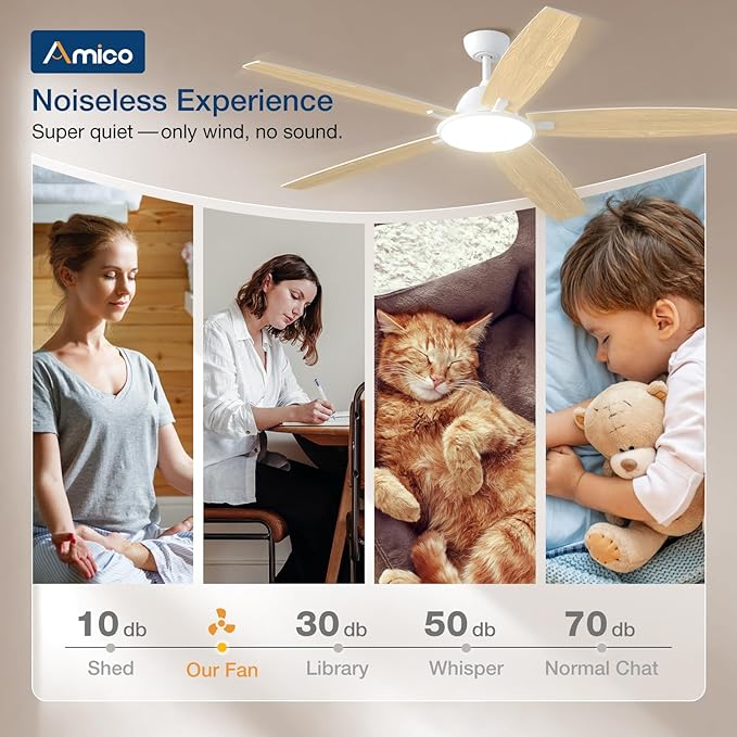 Amico Ceiling Fans with Lights, 60 inch Smart Ceiling Fan with Remote/APP/Alexa Control, Reversible, 5 Blades, 6 Speeds, 3CCT, Dimmable, Noiseless, Wifi Ceiling Fan for Farmhouse, Bedroom, White