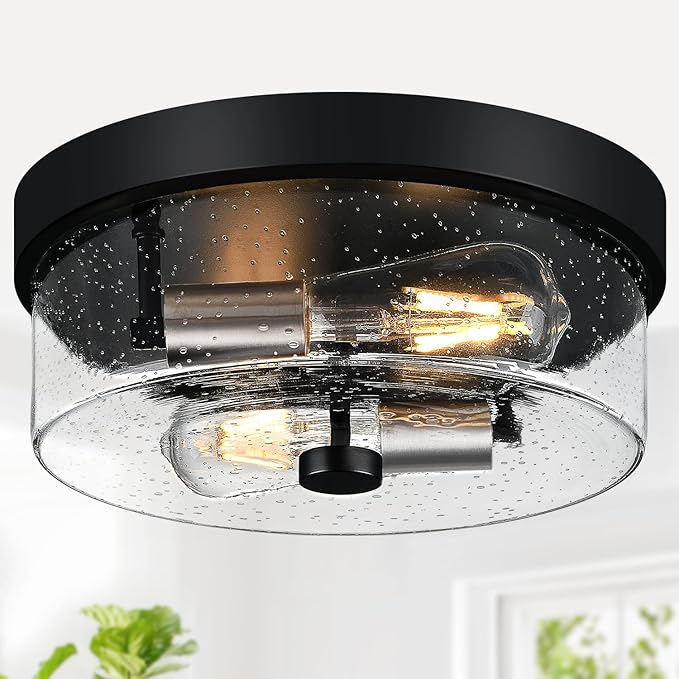 Flush Mount Ceiling Light Fixtures, 2-Light Black and Silver Ceiling Mount for Farmhouse with Seeded Glass Lampshade, Industrial Flush Mount Light Fixture for Hallway, Kitchen, Entryway and Foyer