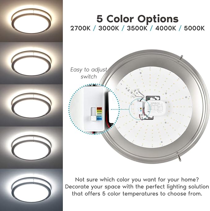 LUXRITE 18 Inch LED Flush Mount Ceiling Light, CCT Color Temperature Selectable 2700K | 3000K | 3500K | 4000K | 5000K, Dimmable Ceiling Light Fixture, 24W, 2160 Lumens, Energy Star, ETL Listed