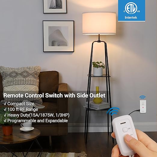 DEWENWILS 2 Side Outlets Remote Control Outlet with 2 Remotes, No Interference Wireless Remote Outlet Light Switch with 2 Outlets, 15A/1875W, 100ft RF Range, Programmable